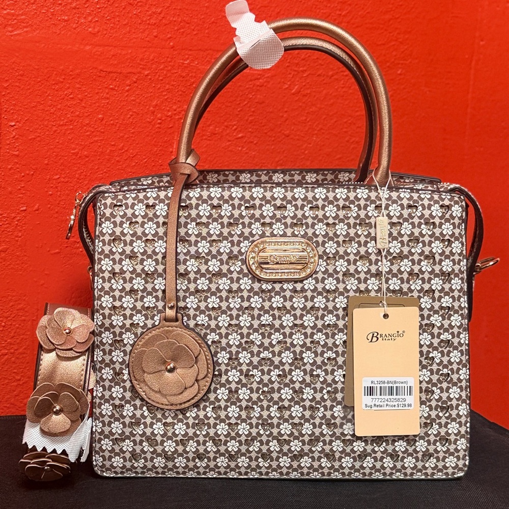 Brown Floral Print Satchel with Rose Gold Accents